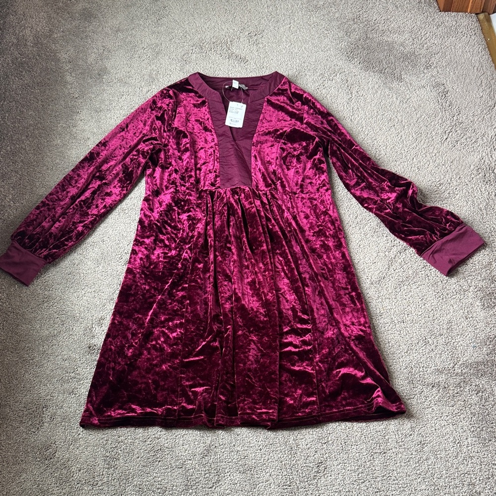 Luukse Burgundy Velvet Velour Dress Long Sleeve Babydoll Mini Holiday NWT SIZE L